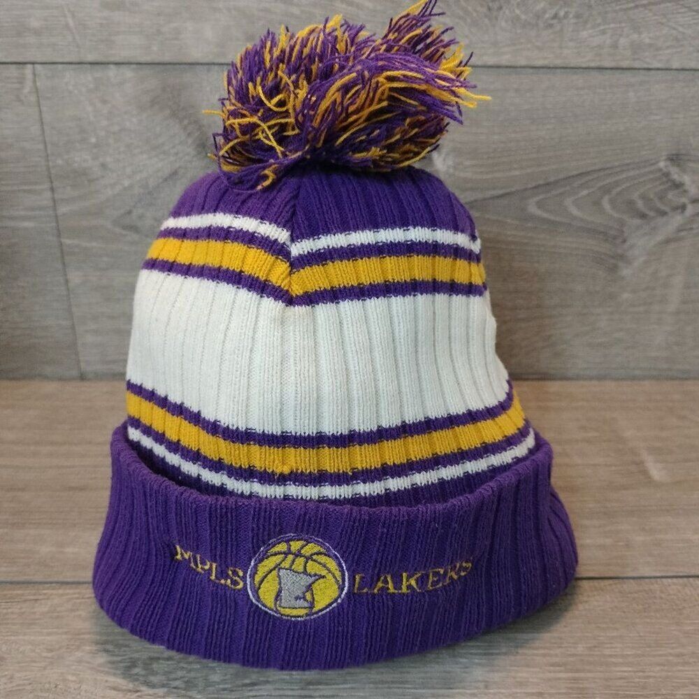 Vintage Minneapolis LA Lakers Winter Hat Beanie Purple Gold Knit Pom Pom MPLS